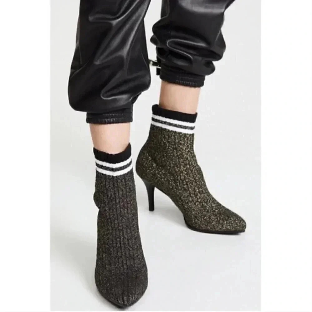 Stuart Weitzman Waverly Gold Black Knit Sock Striped Metallic Booties Size 7.5